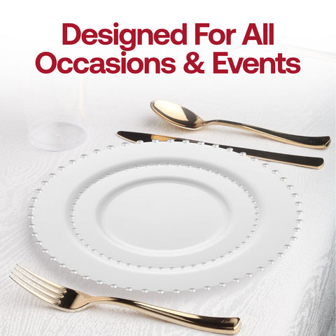 White with Silver Pearl String Round Plastic Salad Plates (7”)