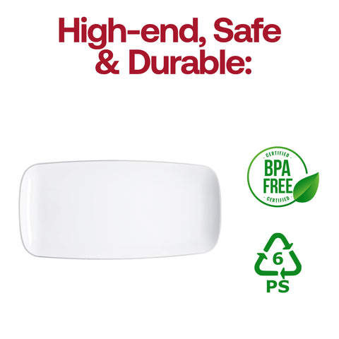 White with Silver Rim Flat Raised Edge Rectangular Plastic Plates (10.6