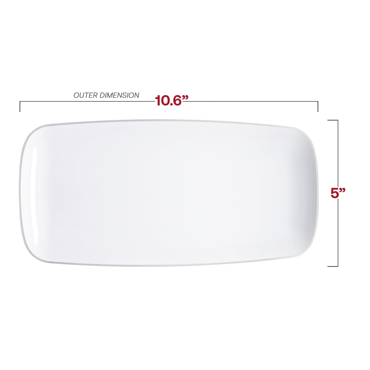 White with Silver Rim Flat Raised Edge Rectangular Plastic Plates (10.6" x 5")