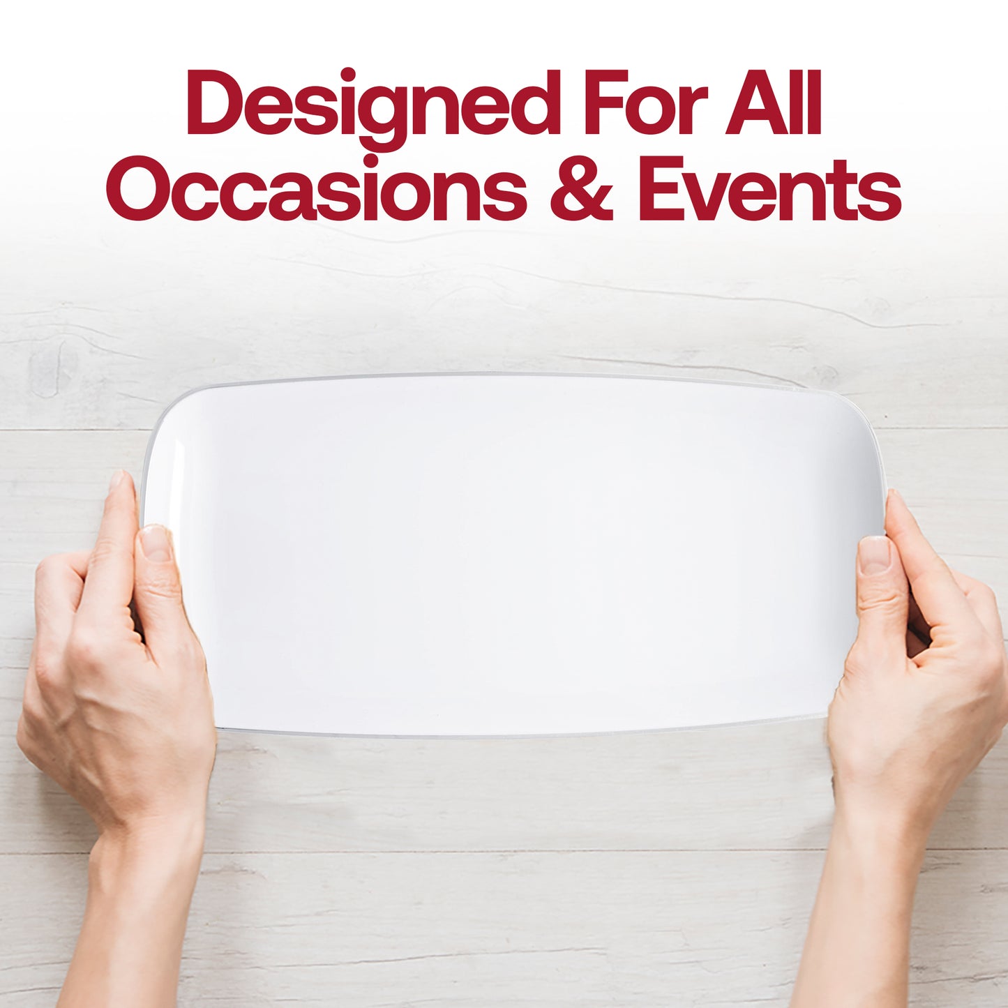 White with Silver Rim Flat Raised Edge Rectangular Plastic Plates (10.6" x 5")