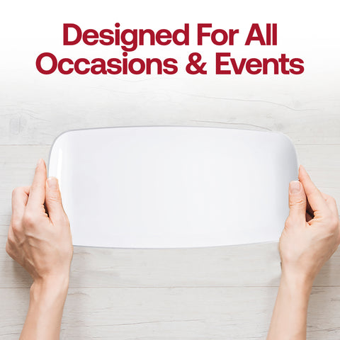 White with Silver Rim Flat Raised Edge Rectangular Plastic Plates (10.6