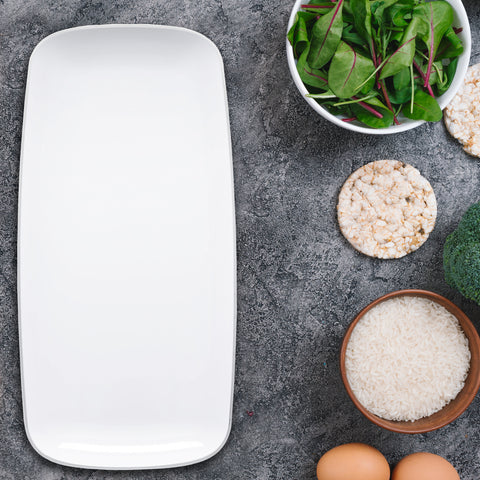 White with Silver Rim Flat Raised Edge Rectangular Plastic Plates (10.6