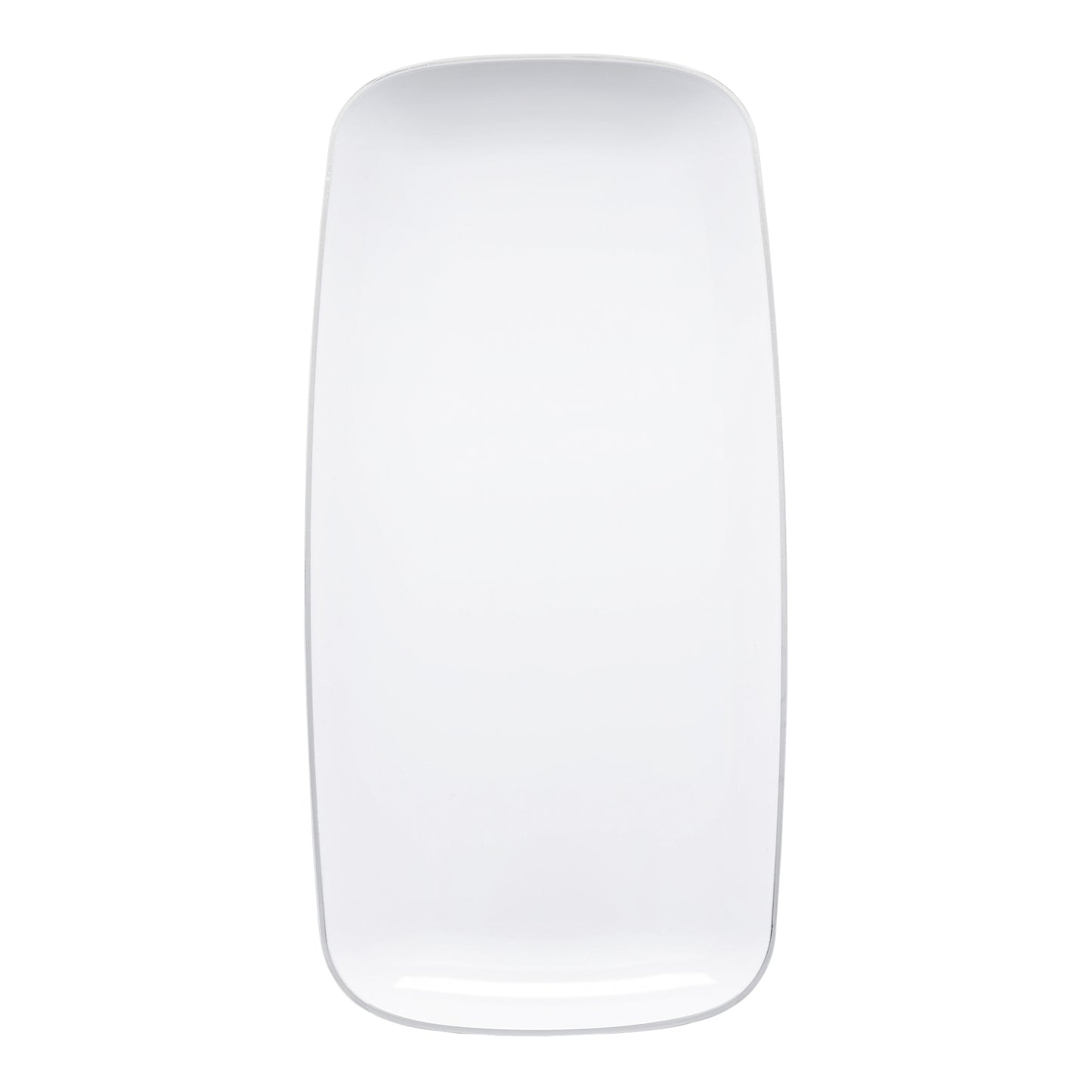 White with Silver Rim Flat Raised Edge Rectangular Plastic Plates (10.6" x 5")