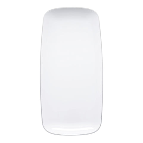 White with Silver Rim Flat Raised Edge Rectangular Plastic Plates (10.6