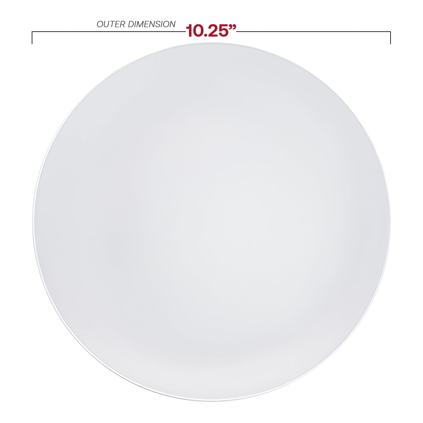 White with Silver Rim Organic Round Disposable Plastic Dinner Plates (10.25") Dimension | The Kaya Collection