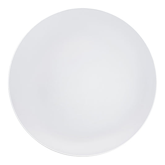 White with Silver Rim Organic Round Disposable Plastic Dinner Plates (10.25") | The Kaya Collection