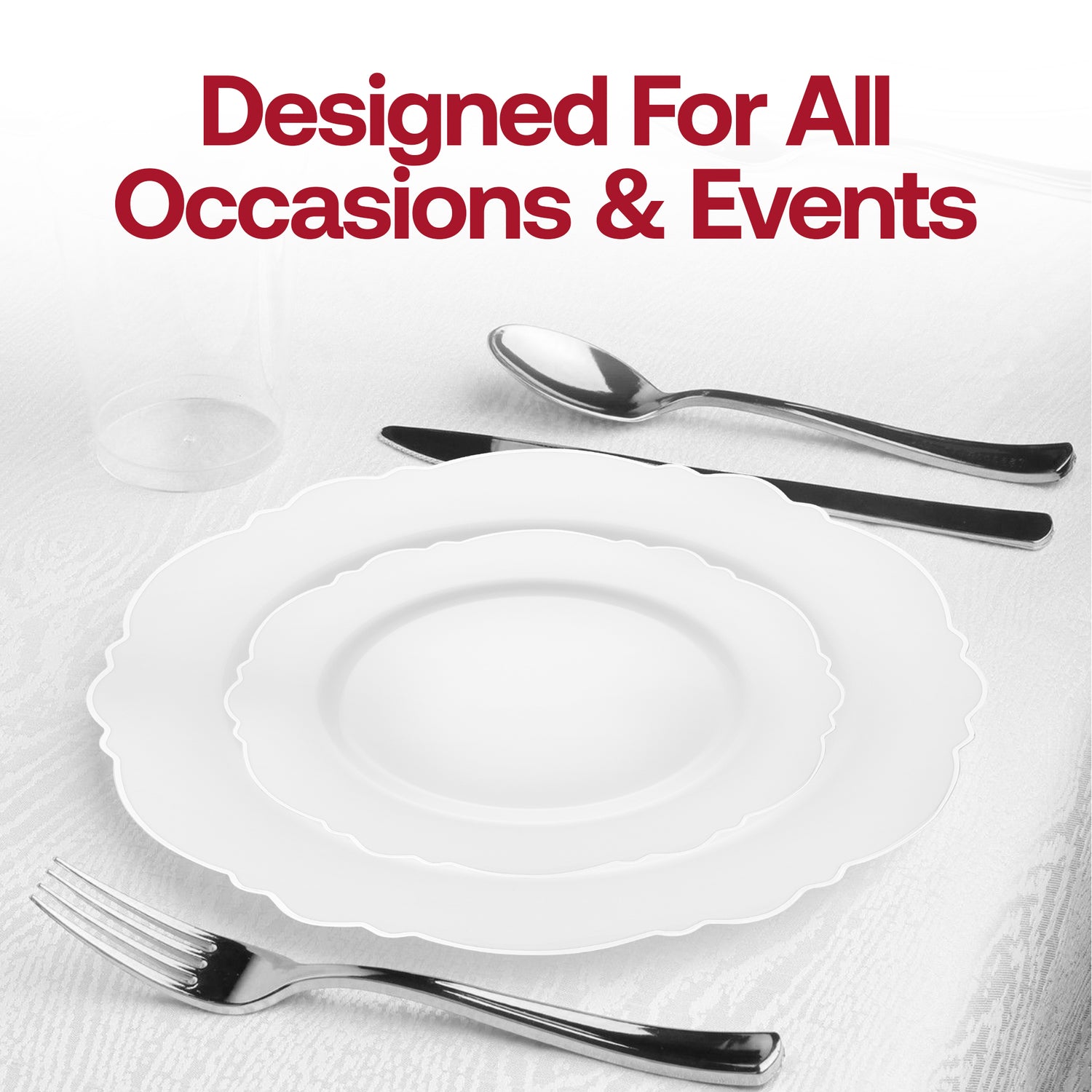 White with Silver Rim Round Blossom Disposable Plastic Appetizer/Salad Plates (7.5") Lifestyle | The Kaya Collection
