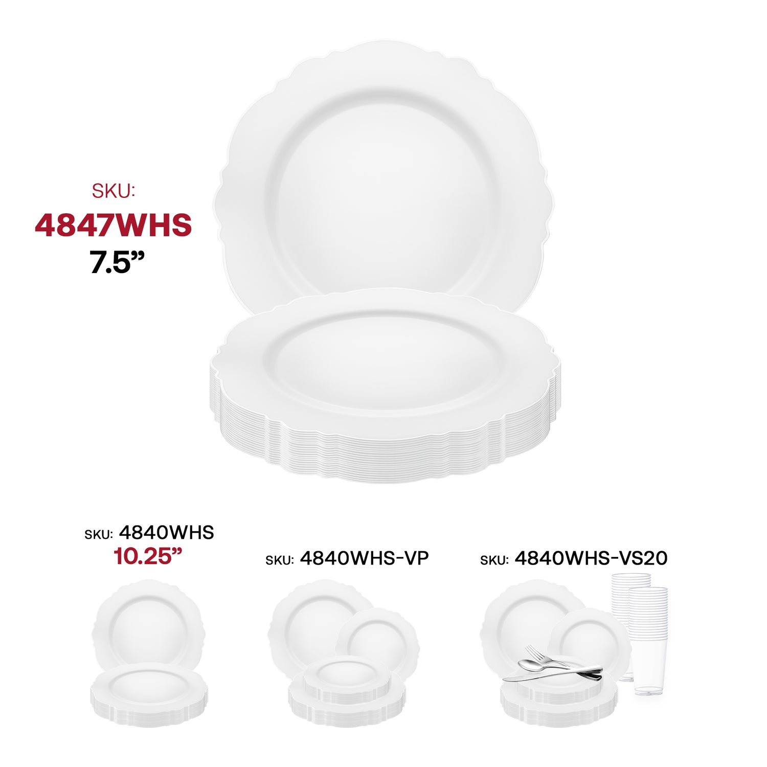 White with Silver Rim Round Blossom Disposable Plastic Appetizer/Salad Plates (7.5") SKU | The Kaya Collection