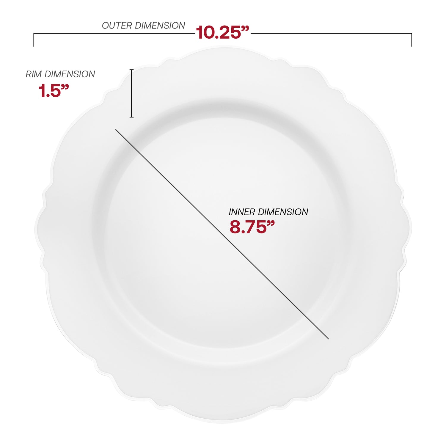 White with Silver Rim Round Blossom Plastic Dinner Plates (10.25") Dimension | The Kaya Collection