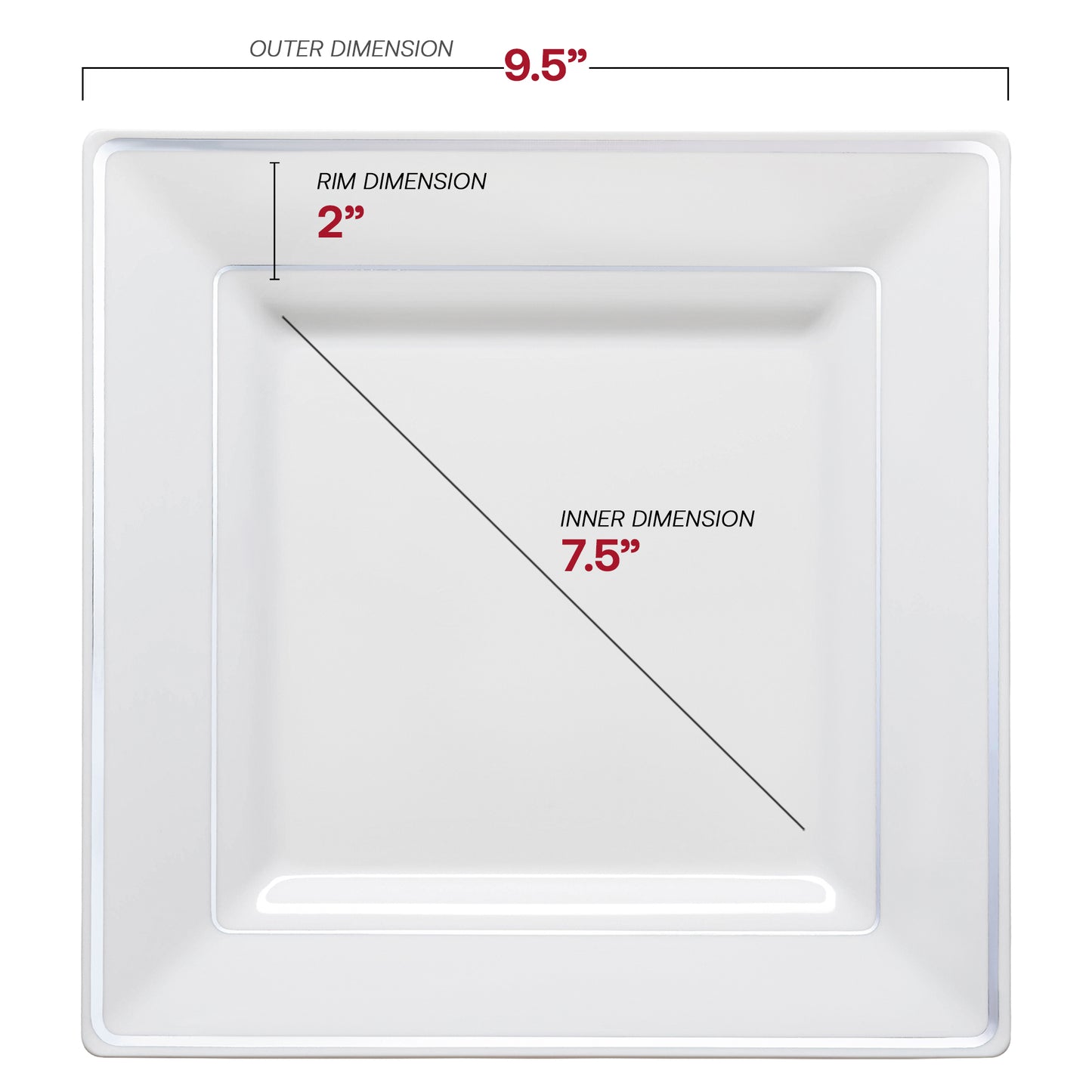 White with Silver Square Edge Rim Disposable Plastic Dinner Plates (9.5")