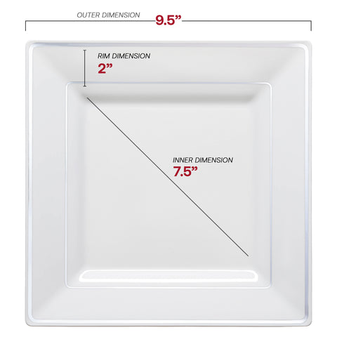 White with Silver Square Edge Rim Disposable Plastic Dinner Plates (9.5