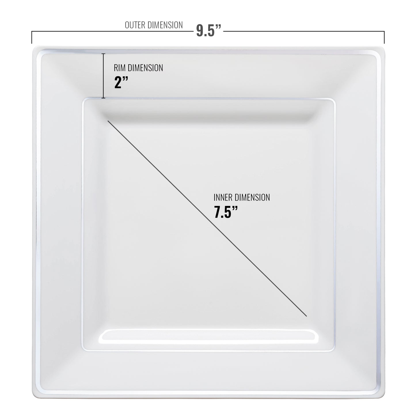 White with Silver Square Edge Rim Plastic Dinner Plates (9.5") Dimension | The Kaya Collection
