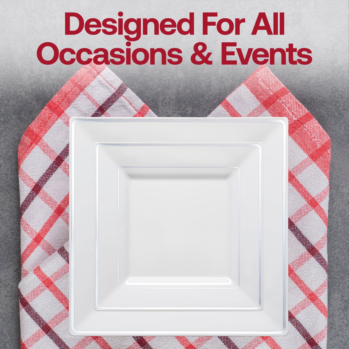 White with Silver Square Edge Rim Disposable Plastic Dinner Plates (9.5")
