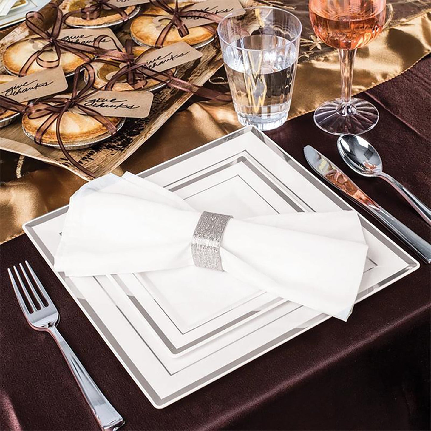 White with Silver Square Edge Rim Disposable Plastic Dinner Plates (9.5")