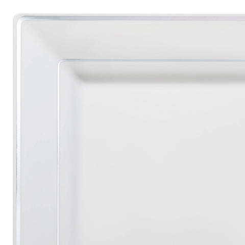 White with Silver Square Edge Rim Disposable Plastic Dinner Plates (9.5