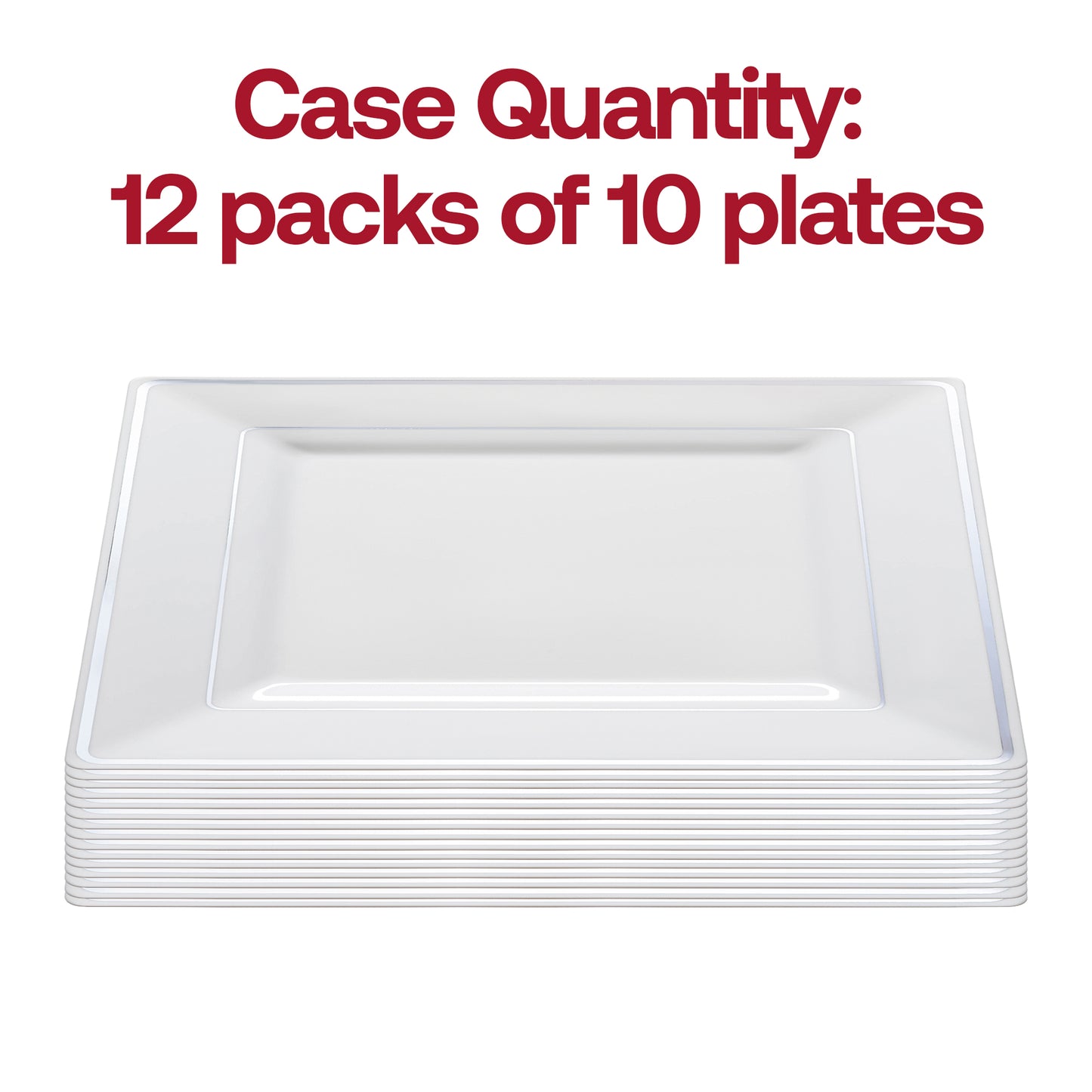 White with Silver Square Edge Rim Disposable Plastic Dinner Plates (9.5")