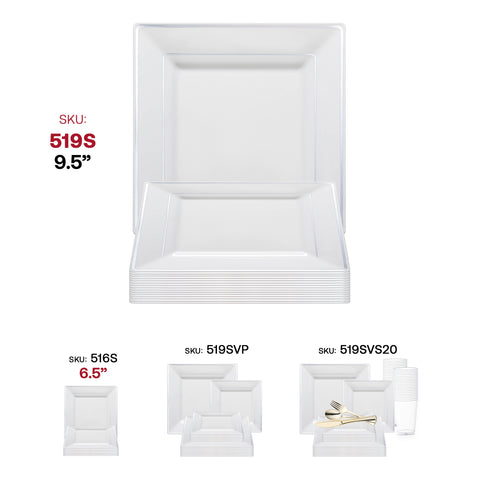 White with Silver Square Edge Rim Disposable Plastic Dinner Plates (9.5