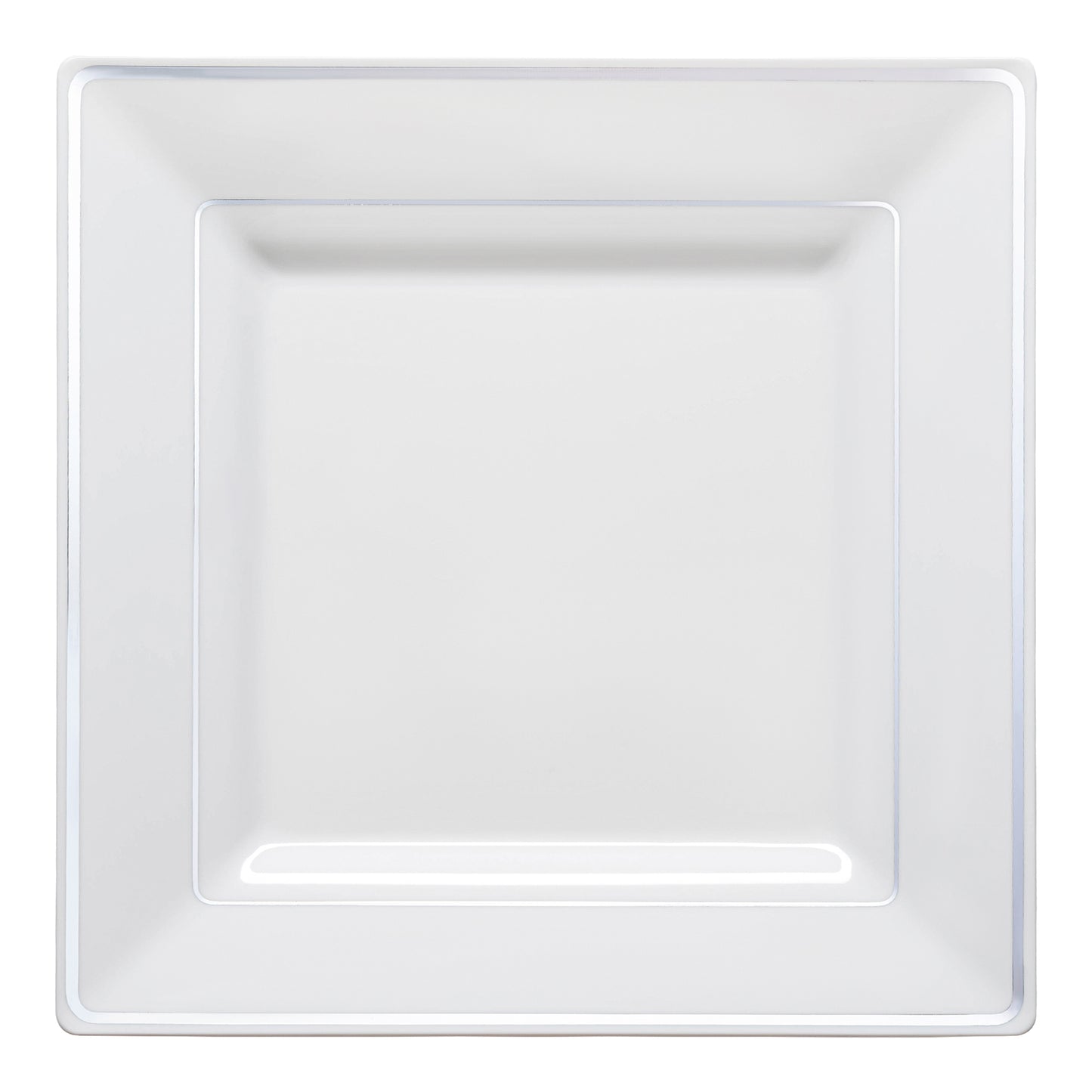White with Silver Square Edge Rim Disposable Plastic Dinner Plates (9.5")
