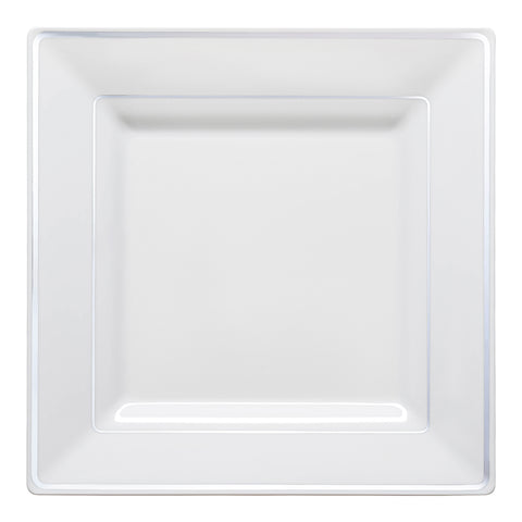 White with Silver Square Edge Rim Disposable Plastic Dinner Plates (9.5