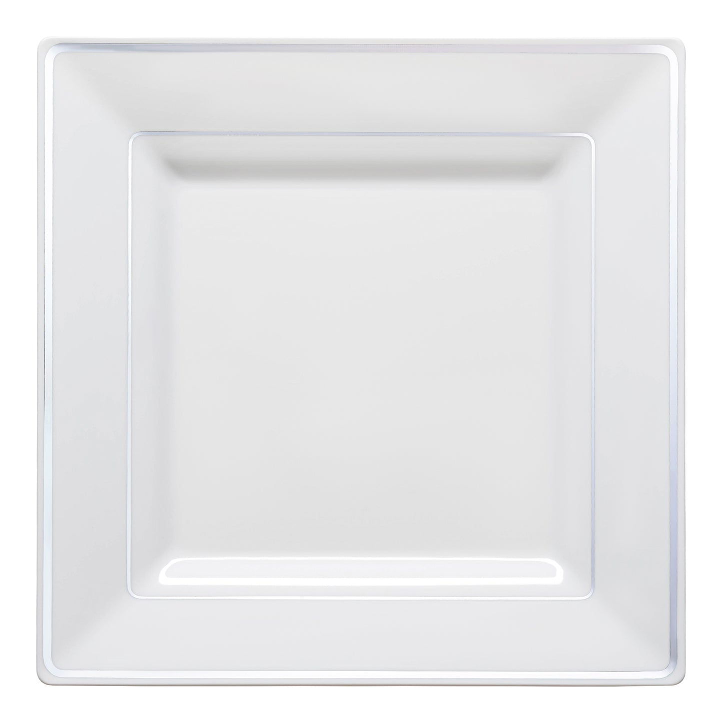 White with Silver Square Edge Rim Plastic Dinner Plates (9.5") | The Kaya Collection