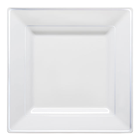 White with Silver Square Edge Rim Plastic Dinner Plates (9.5