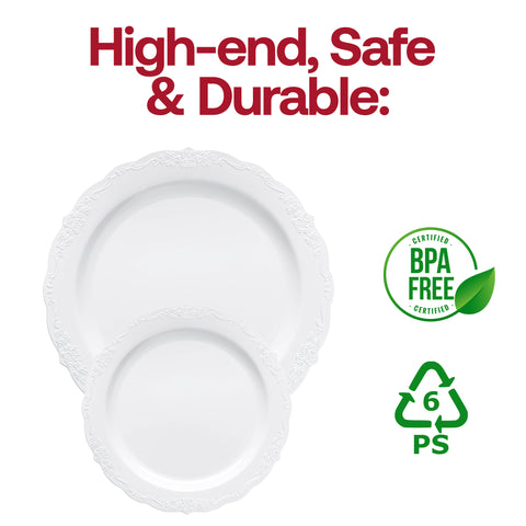 White with Silver Vintage Rim Round Disposable Plastic Appetizer/Salad Plates (7.5