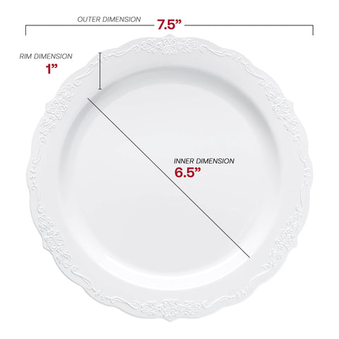 White with Silver Vintage Rim Round Disposable Plastic Appetizer/Salad Plates (7.5