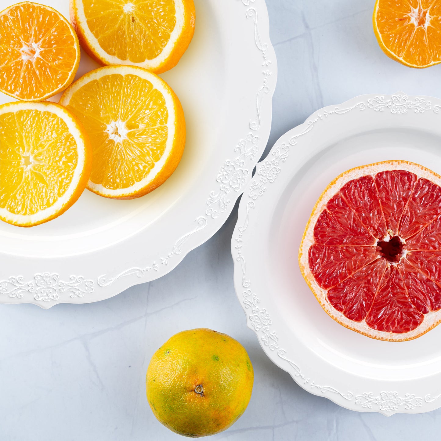 White with Silver Vintage Rim Round Disposable Plastic Salad Plates (7.5")