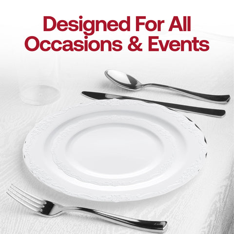 White with Silver Vintage Rim Round Disposable Plastic Appetizer/Salad Plates (7.5