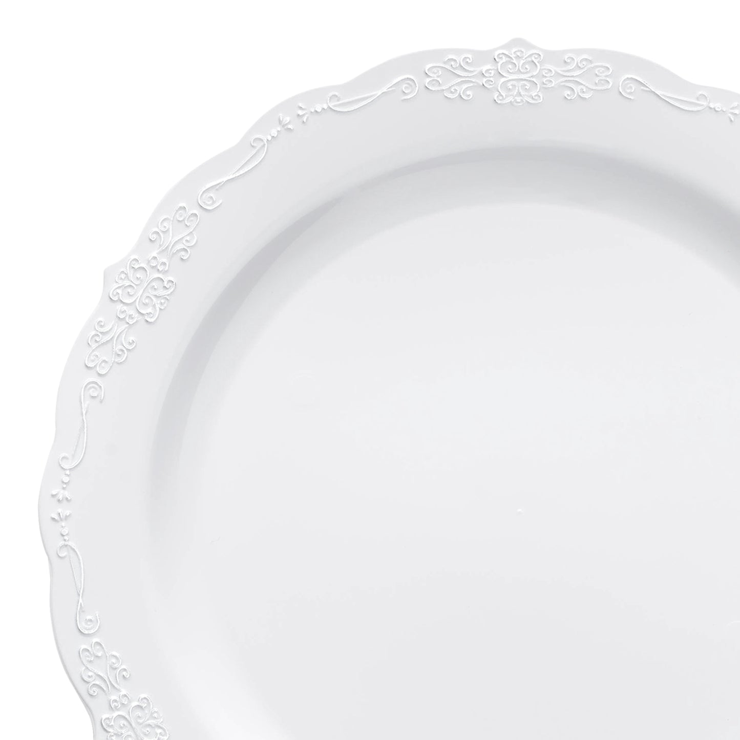 White with Silver Vintage Rim Round Disposable Plastic Appetizer/Salad Plates (7.5") | The Kaya Collection