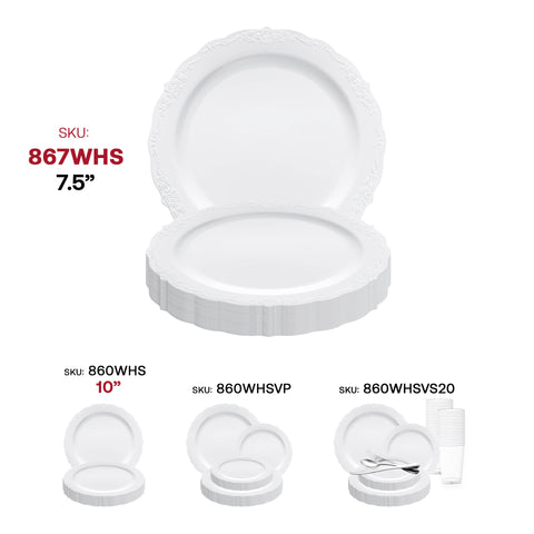 White with Silver Vintage Rim Round Disposable Plastic Appetizer/Salad Plates (7.5