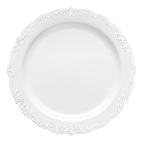 White with Silver Vintage Rim Round Disposable Plastic Appetizer/Salad Plates (7.5