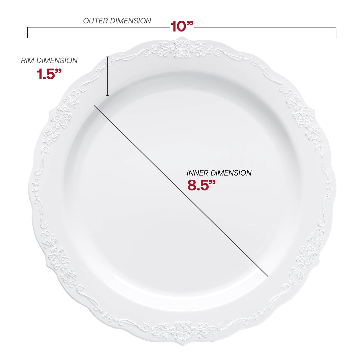 White with Silver Vintage Rim Round Plastic Disposable Dinner Plates (10") Dimension | The Kaya Collection