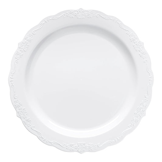 White with Silver Vintage Rim Round Plastic Disposable Dinner Plates (10") | The Kaya Collection