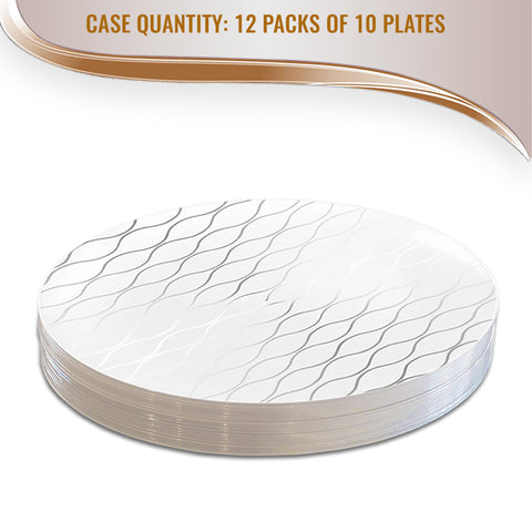 White with Silver Waves Round Disposable Plastic Dinner Plates | The Kaya Collection