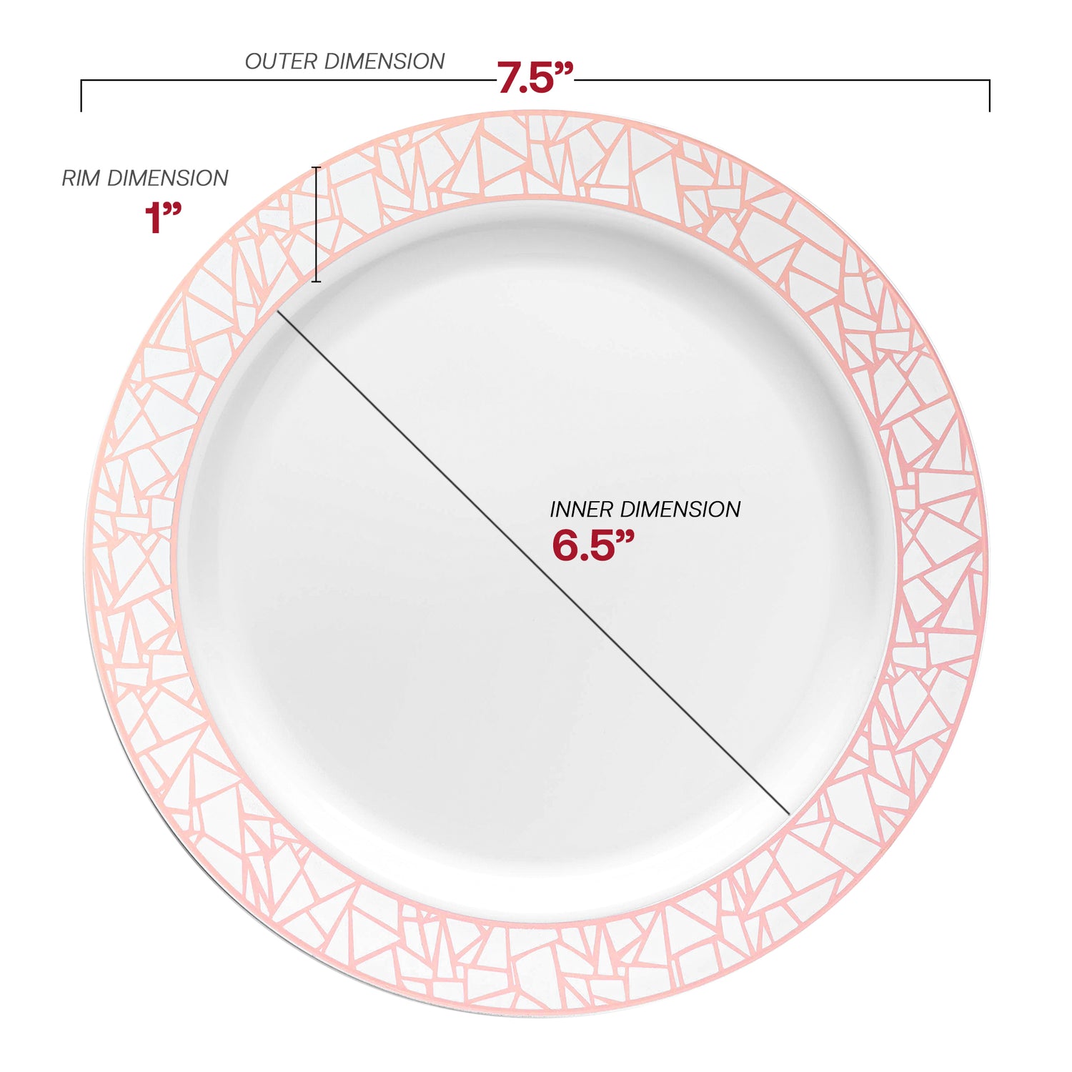 White with Silver and Rose Gold Mosaic Rim Round Plastic Appetizer/Salad Plates (7.5") Dimension| The Kaya Collection