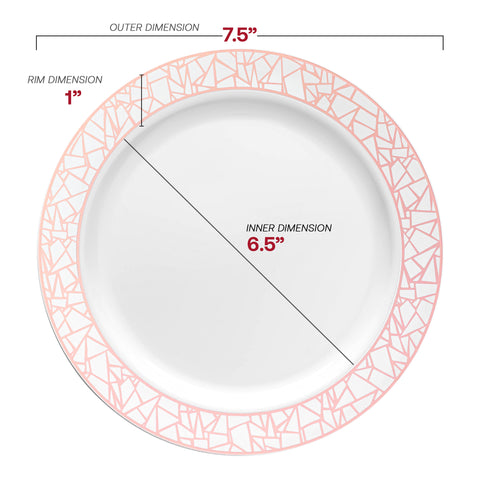 White with Silver and Rose Gold Mosaic Rim Round Plastic Appetizer/Salad Plates (7.5