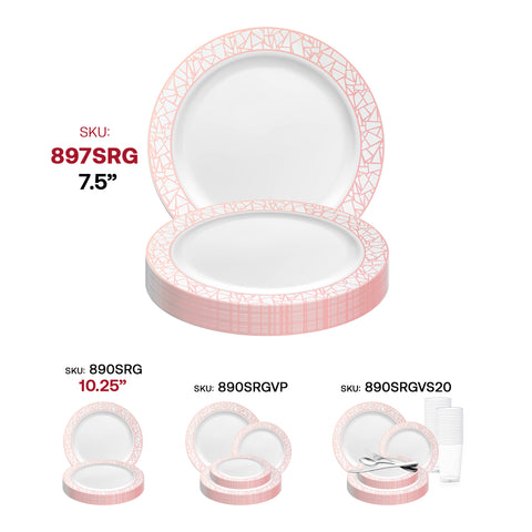 White with Silver and Rose Gold Mosaic Rim Round Plastic Appetizer/Salad Plates (7.5