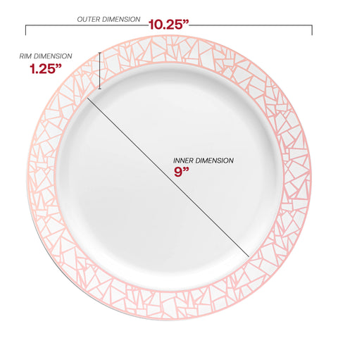 White with Silver and Rose Gold Mosaic Rim Round Disposable Plastic Dinner Plates (10.25