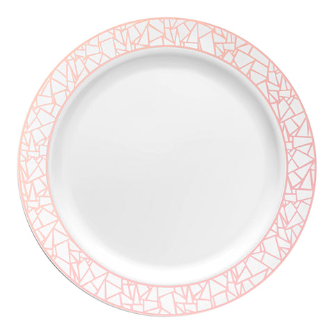 White with Silver and Rose Gold Mosaic Rim Round Plastic Appetizer/Salad Plates (7.5