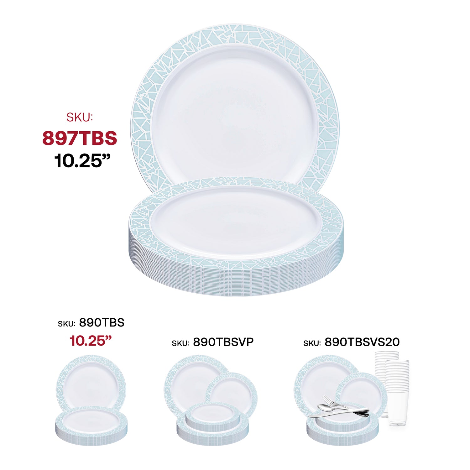 White with Turquoise Blue and Silver Mosaic Rim Round Plastic Appetizer/Salad Plates (7.5") SKU | The Kaya Collection