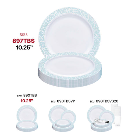 White with Turquoise Blue and Silver Mosaic Rim Round Plastic Appetizer/Salad Plates (7.5