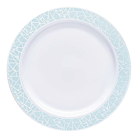 White with Turquoise Blue and Silver Mosaic Rim Round Plastic Appetizer/Salad Plates (7.5
