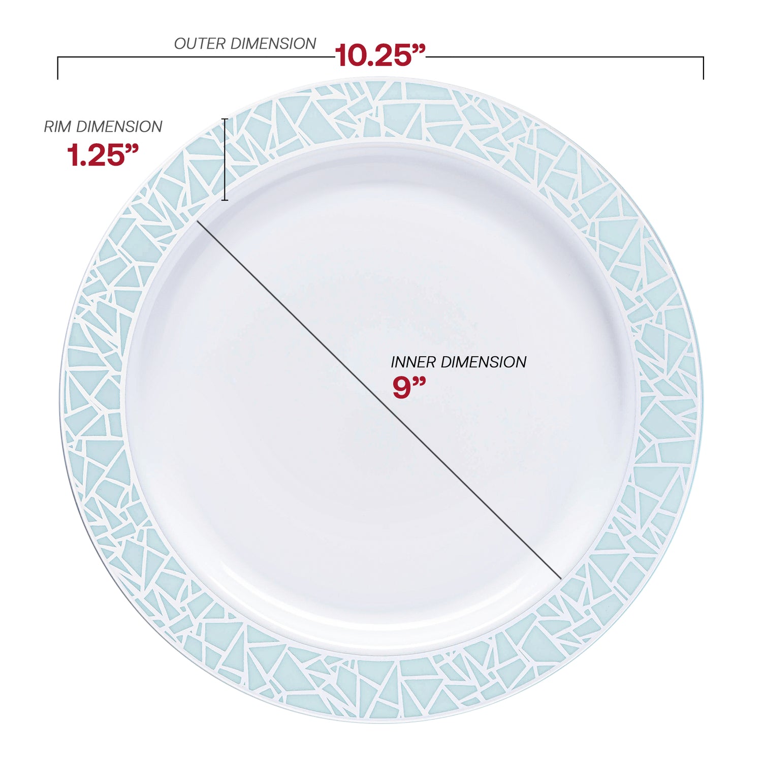 White with Turquoise Blue and Silver Mosaic Rim Round Plastic Dinner Plates (10.25") Dimension | The Kaya Collection