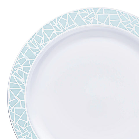 White with Turquoise Blue and Silver Mosaic Rim Round Plastic Dinner Plates (10.25