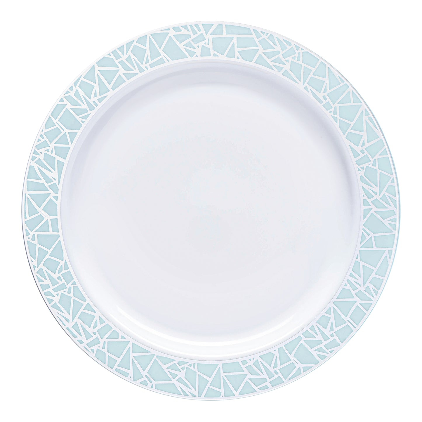 White with Turquoise Blue and Silver Mosaic Rim Round Plastic Dinner Plates (10.25") | The Kaya Collection