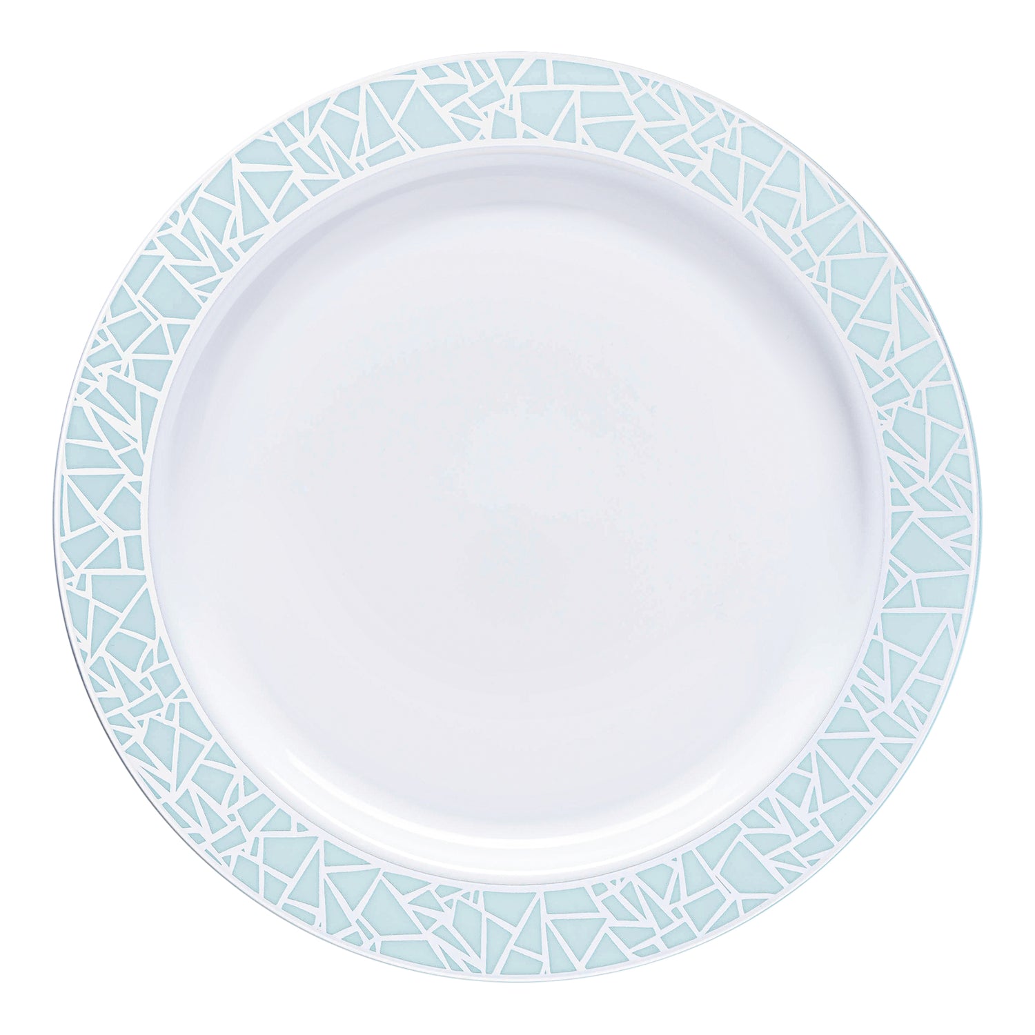 White with Turquoise Blue and Silver Mosaic Rim Round Plastic Dinner Plates (10.25") | The Kaya Collection