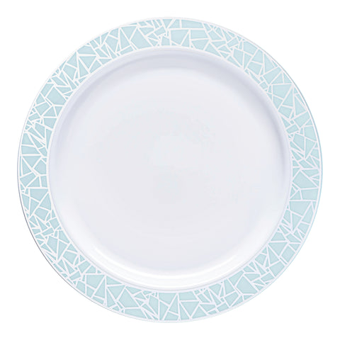 White with Turquoise Blue and Silver Mosaic Rim Round Plastic Dinner Plates (10.25