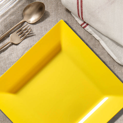 Yellow Square Disposable Plastic Dinner Plates (9.5