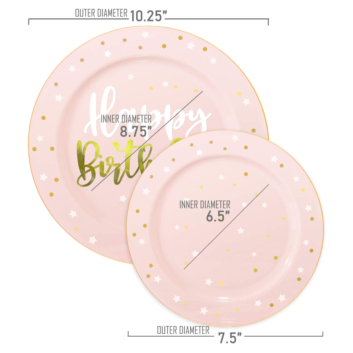 10.25" Pink with White and Gold Birthday Round Disposable Plastic Dinner Plates Infographics | Kaya Collection